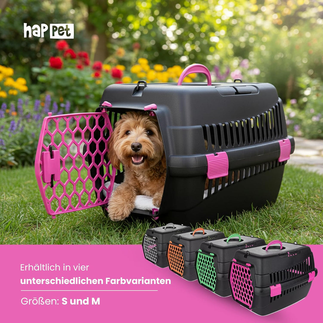 HAPPET Tiertransportbox Teddy M Fuchsia 56x37x37 cm – Robuste, gut belüftete Transportbox für Katzen