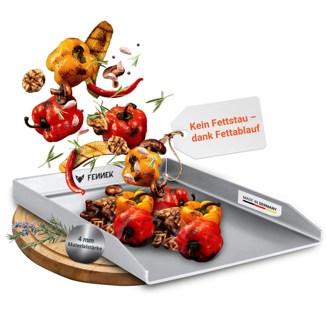 FENNEK Plancha 40 x 30 cm Teppanyaki Grillplatte ohne Vorderkante | 4,0 mm Edelstahl | Ideal für Bur