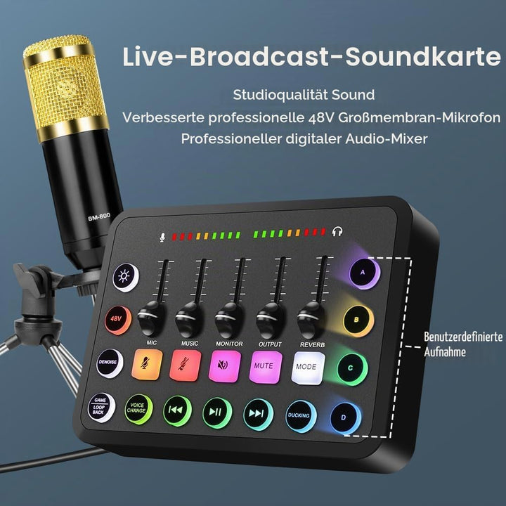 OFFCUP Podcast Equipment Set Mischpult Audiomixer mit Stativ Kondensator Mikrofon USB C Audiointerfa