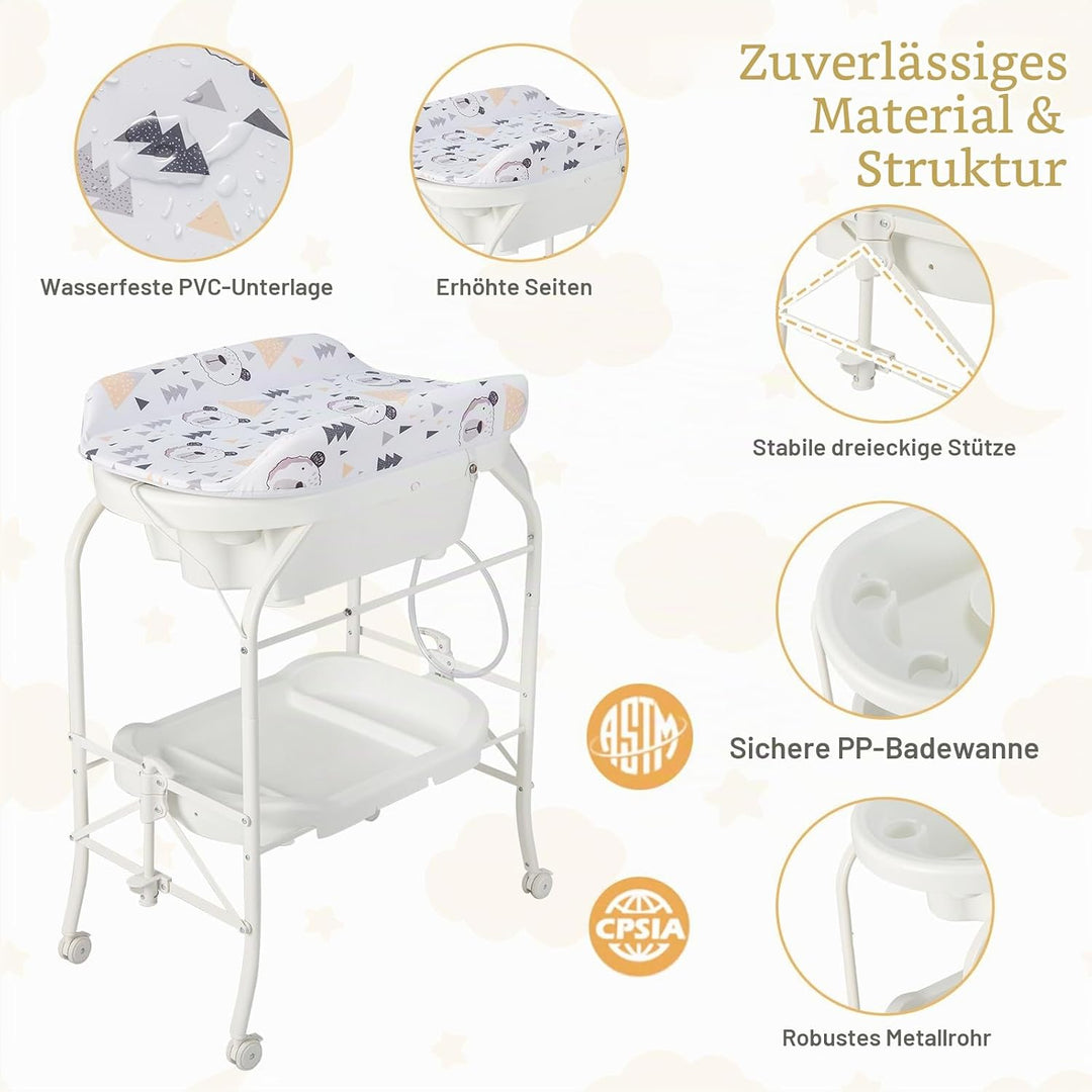 FANTASK 4 in 1 Wickeltisch mit Badewanne, mobile Babybadewanne mit Universalrädern, tragbare Wickelk