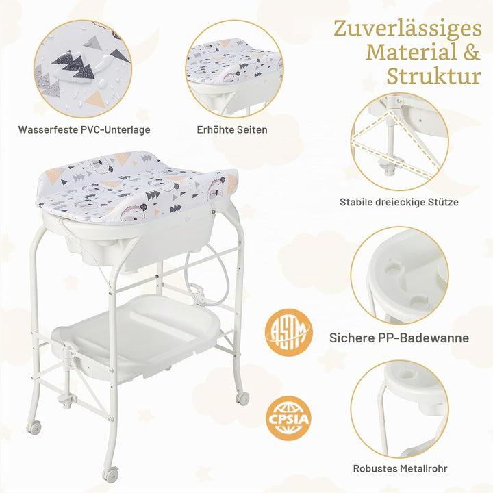 FANTASK 4 in 1 Wickeltisch mit Badewanne, mobile Babybadewanne mit Universalrädern, tragbare Wickelk