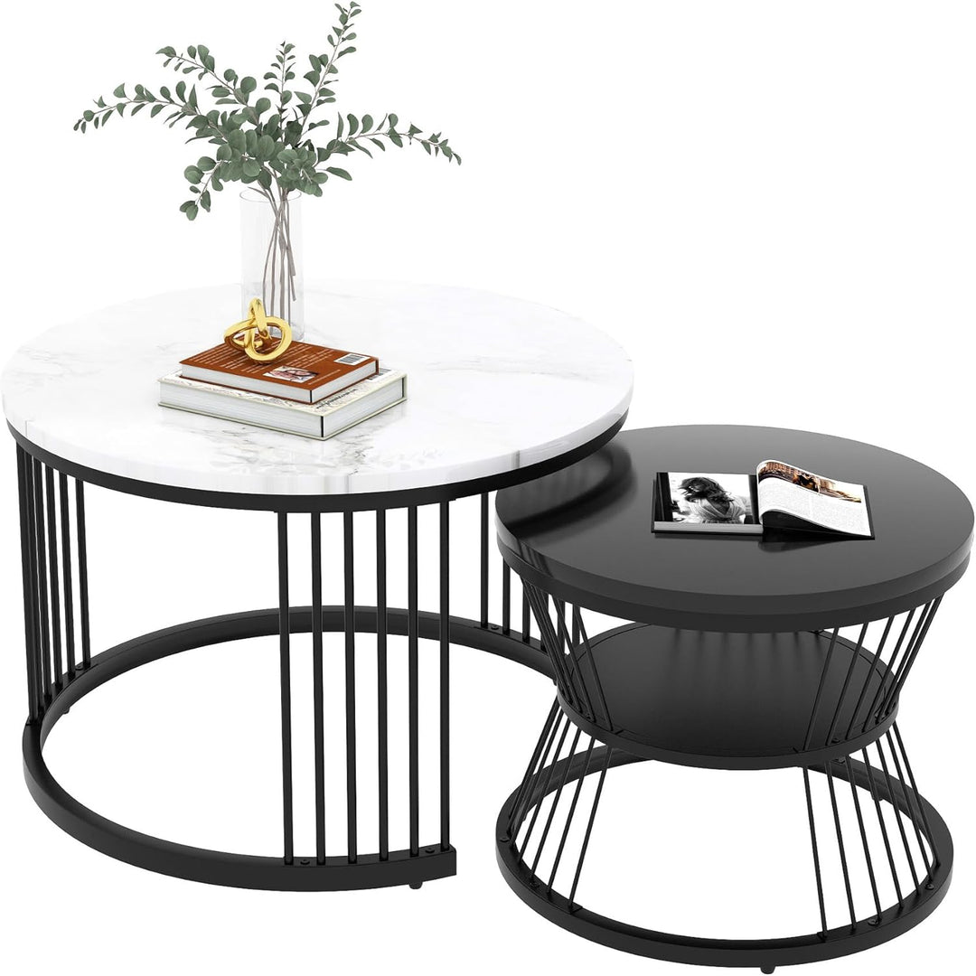 Merax Runder Couchtisch 2er Set, Moderne Beistelltisch mit Hochglanz Marmoriert für Wohnzimmer, Satz