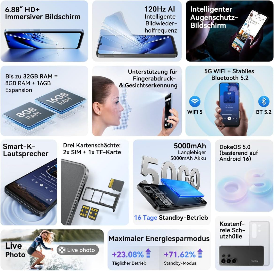 Blackview Wave 10 Smartphone Ohne Vertrag, Android 16 Handy,6,88" 120Hz, 32GB+128GB/2TB,32MP 13MP/50