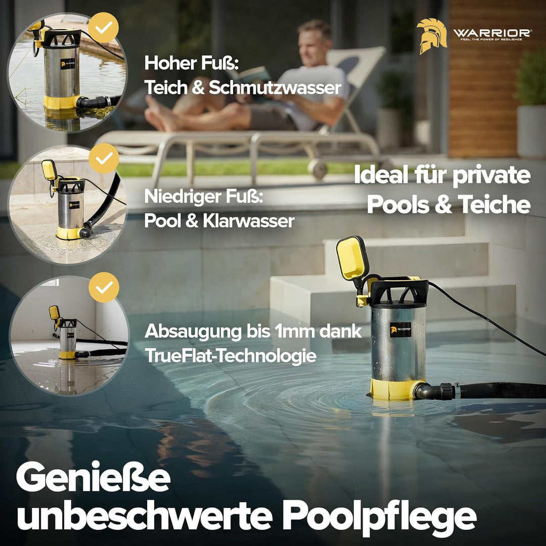 WARRIOR® 3in1 Schmutzwasserpumpe flachsaugend [TESTSIEGER] SentinelFlat Pro 1100W mit SnapLock-Syste