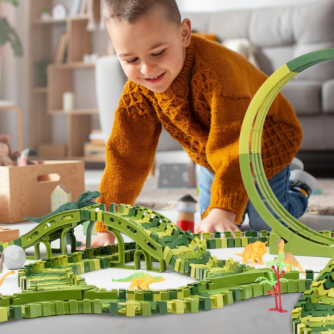 CELMAN Dinosaurier Spielzeug - Flexibles Rennbahn mit viele Teilen und Geländewagen, Autorennbahn Sp