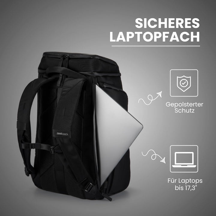 Zeeksack The Organizer - Grosser Rucksack Schwarz 40L - Wasserabweisende Reisetasche mit Laptopfach,