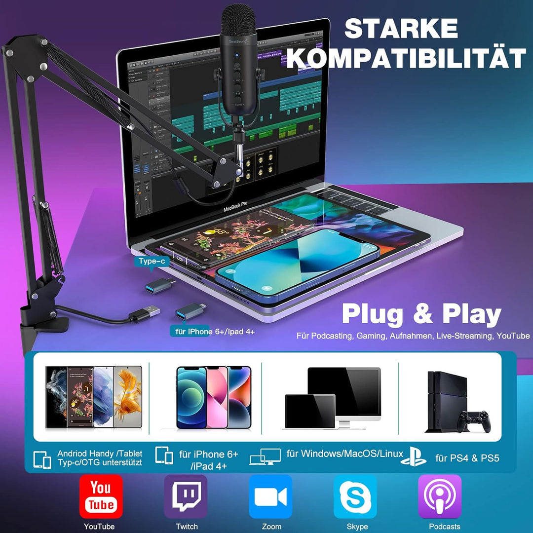 zealsound USB Mikrofon Kit für PC, Handy, PS4/5, MAC, Mit Schneller Stummschaltung,Geräuschunterdrüc