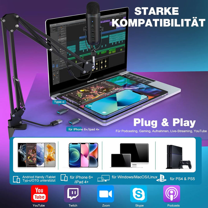 zealsound USB Mikrofon Kit für PC, Handy, PS4/5, MAC, Mit Schneller Stummschaltung,Geräuschunterdrüc