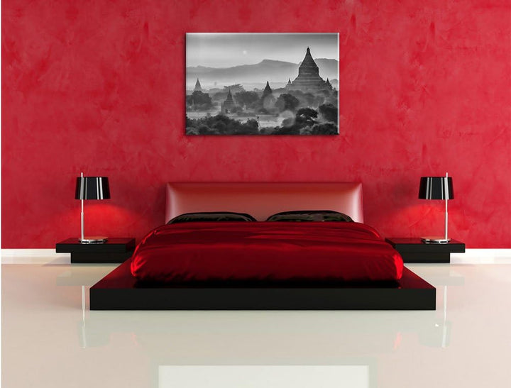 Pixxprint Monocrome, Buddha Tempel im Sonnenuntergang, Format: 100x70 auf Leinwand, 100x70