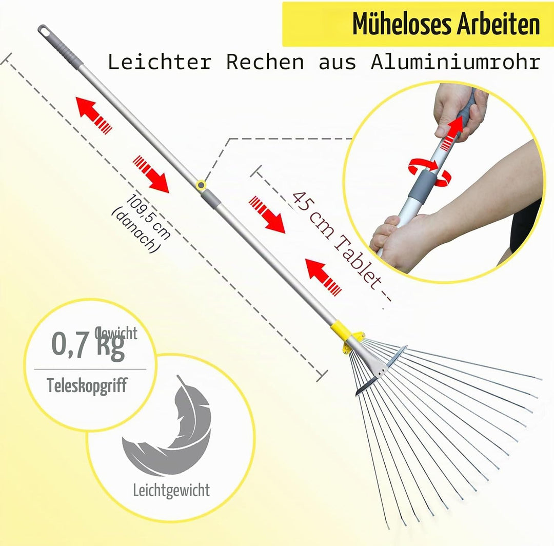 Jardineer 160 cm Teleskopstiel Garten Laubrechen, Sammeln von Rasen und Gartenabfällen, Aluminiumgri