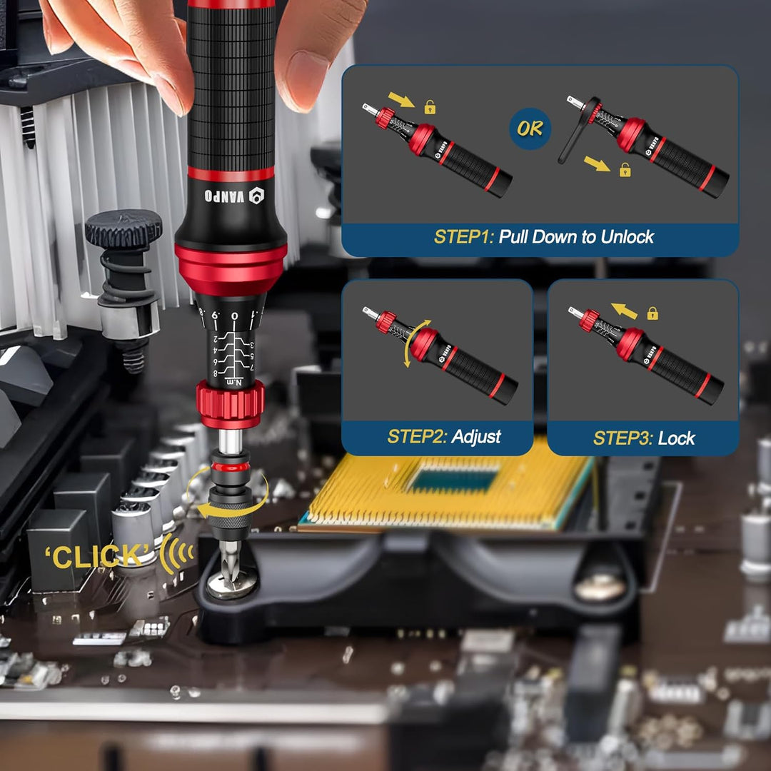 VANPO Drehmomentschraubendreher 1/4'', 64 tlg. 2-8 Nm Drehmomentschlüssel Schraubendreher Set mit T-