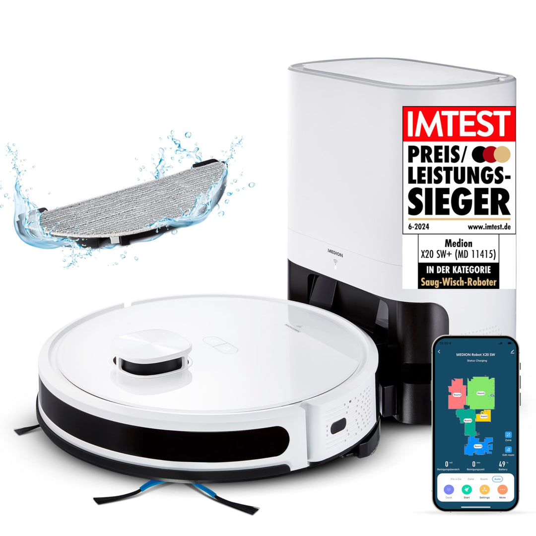 MEDION Saugroboter mit Absaugstation und Wischfunktion X20 SW+ (Lasernavigation, Starke 3000Pa Saugk