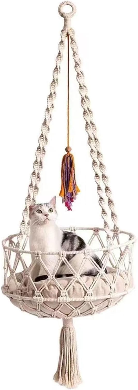 Katzenschaukel, 49 Zoll hängendes Katzenbett mit Baumwollmatte, Katzenhängematte im Boho-Stil mit Qu