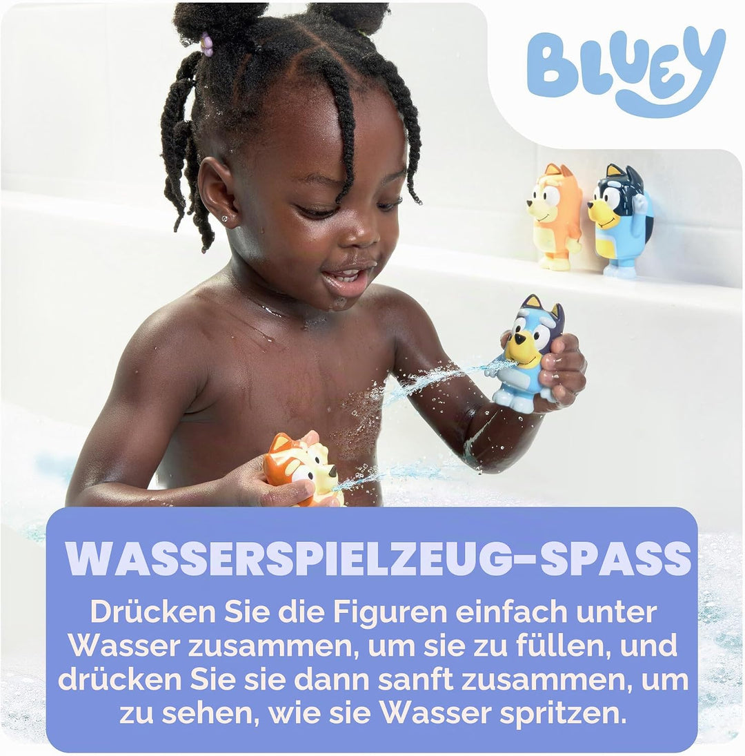Toomies Bluey Squirter 4er Pack Badespielzeug Set mit Bluey, Bingo, Mama und Papa, Wasserspritzspass