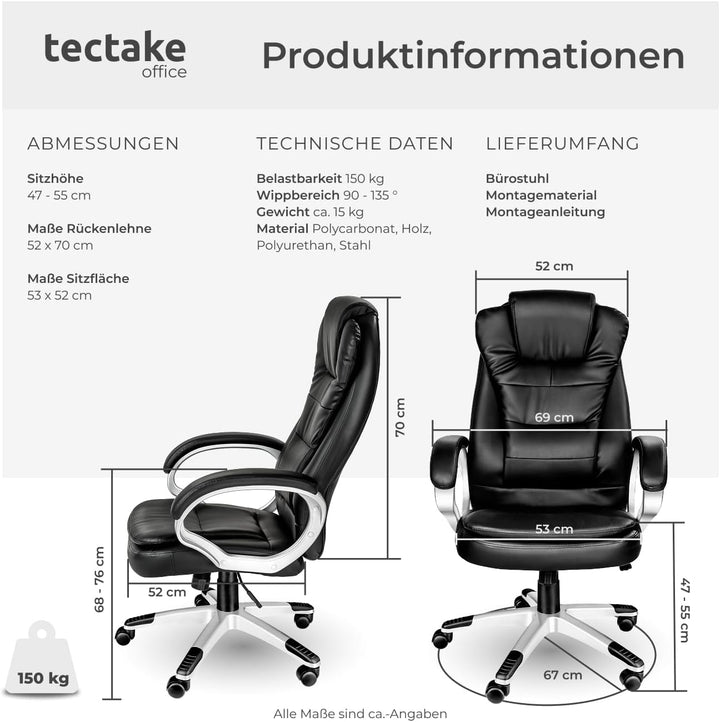 tectake Chefsessel, Bürostuhl ergonomisch, Drehstuhl mit Rollen, Gaming Stuhl, hohe Rückenlehne und