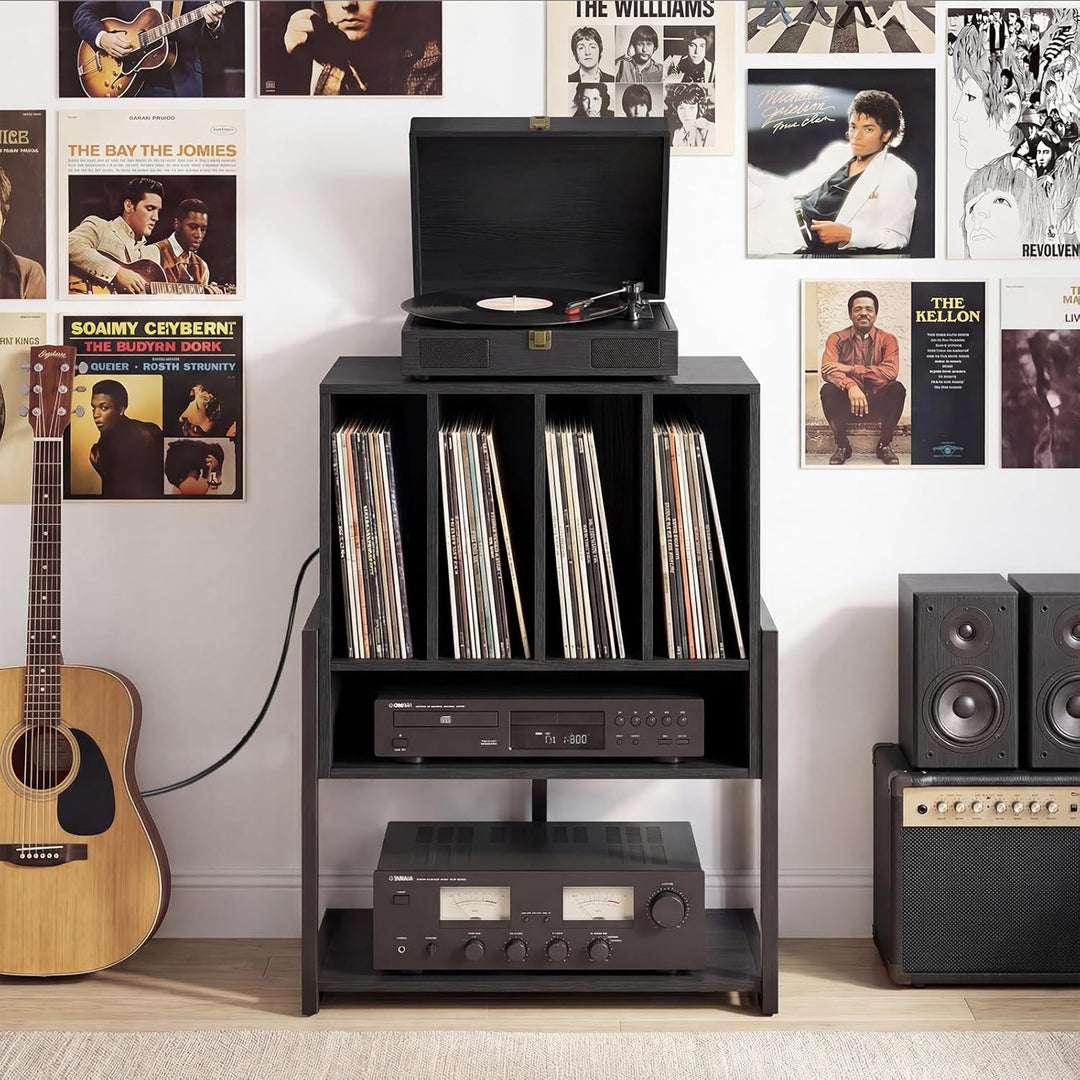 COSTWAY Plattenspielerständer, Vinyl Schallplattentisch mit integrierter Ladestation, breite Tischpl