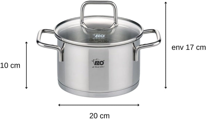 Elo 7242026 Kochtopf aus Edelstahl, 20 cm Durchmesser, Kochtopf und Glasdeckel, geeignet für alle He