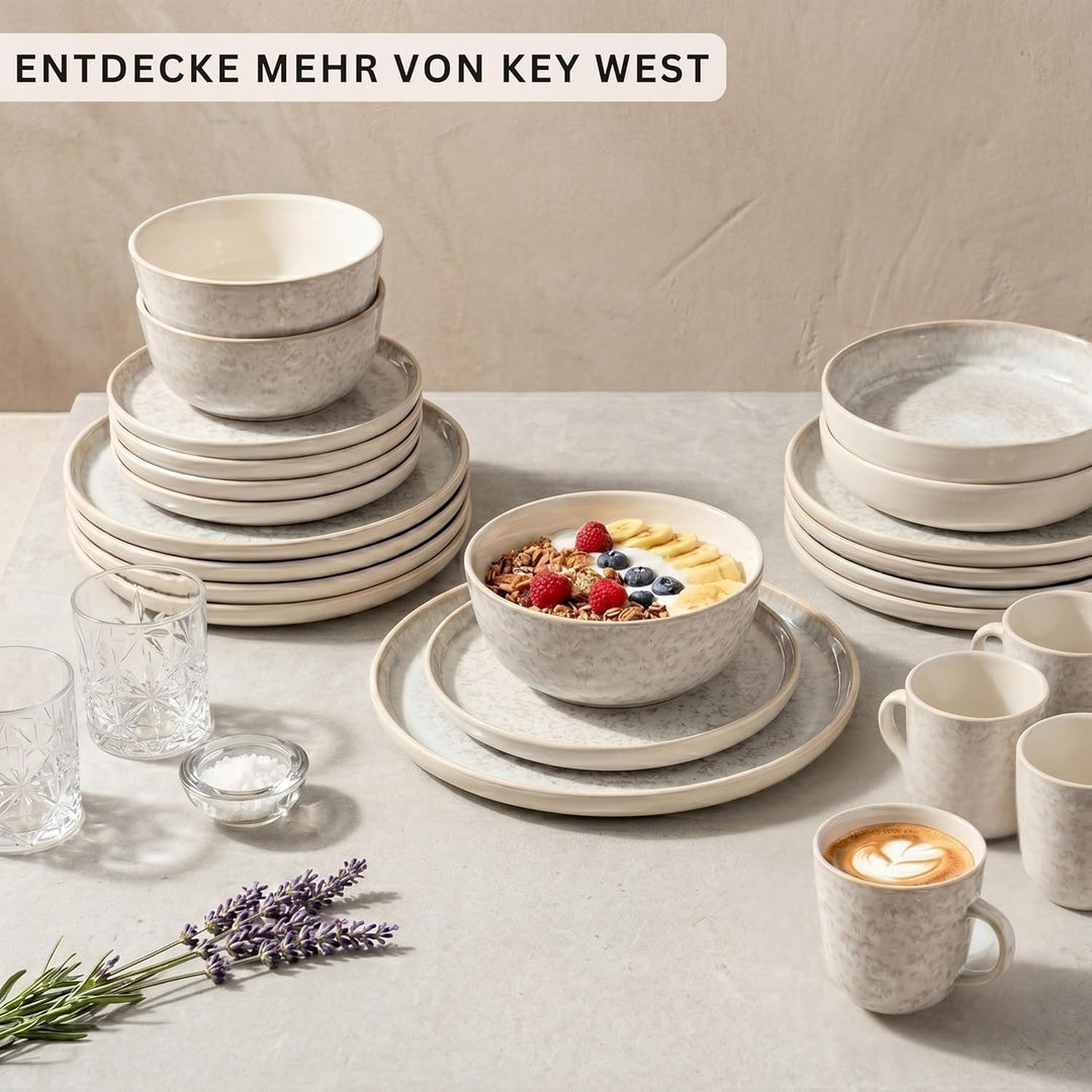 SÄNGER Key West | Steingut Geschirr Set 30 tlg, Teller Set 6 Personen, 6x Speise- Dessertteller, Müs