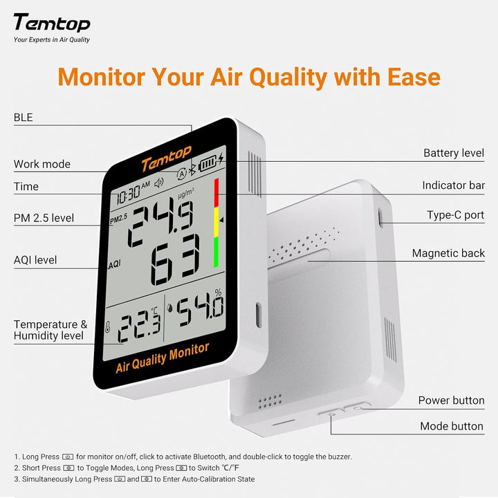 Temtop PM2.5 Monitor Bluetooth Luftqualitätsmonitor Temperatur Luftfeuchtigkeit Thermohydrometer S1+
