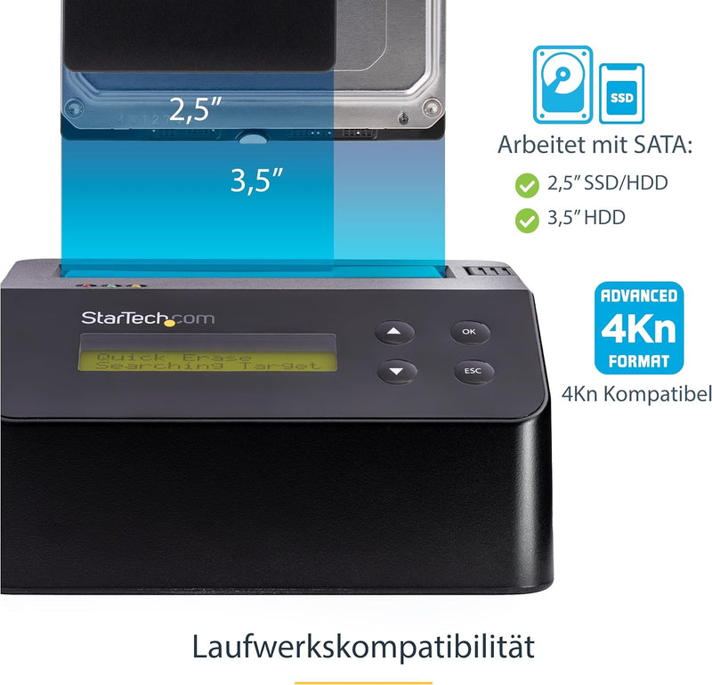 StarTech.com 1-Bay Festplatten Löscher, Selbständiges HDD/SSD Löschgerät, 4Kn, USB 3.0 auf SATA III