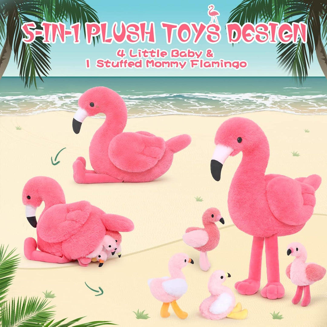 MorisMos 45cm sitzend Plüsch Flamingo mit 4 Baby im Bauch, Rosa Süss Kuschelig Flamingon Plüschtier