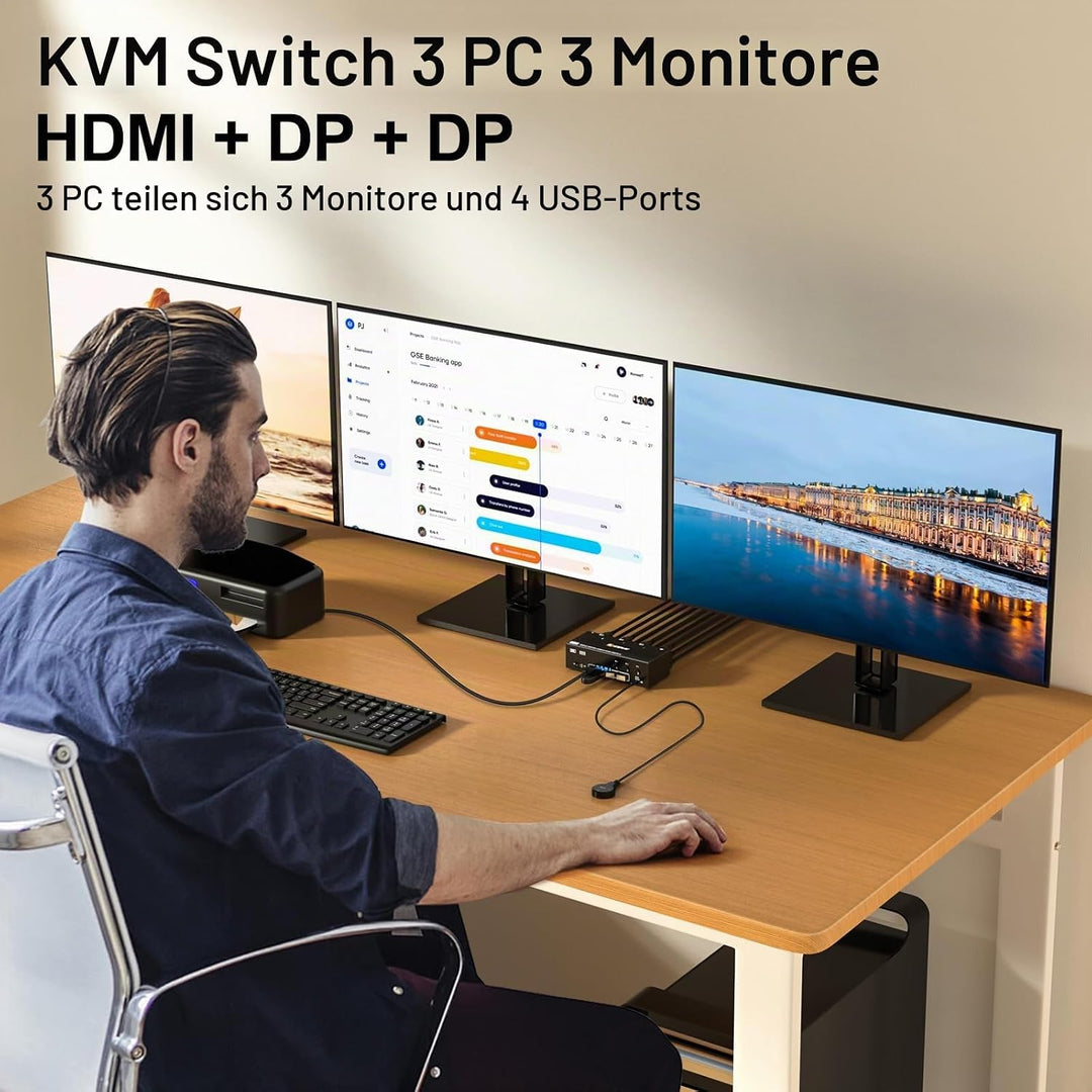 KVM Switch 3 PC 3 Monitore 8K@60Hz, 4K@144Hz, USB 3.0 KVM Switch Triple Monitor 2 Displayport 1.4 +