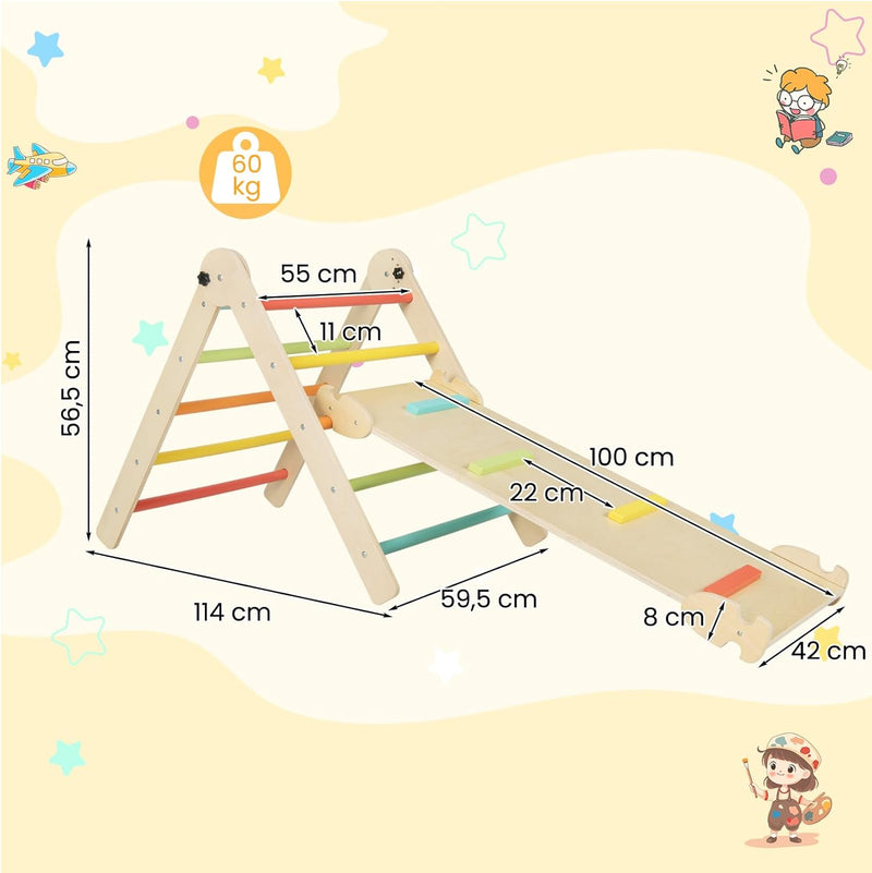 COSTWAY Kletterdreieck mit Rutsche, Sprossendreieck Holz klappbar & höhenverstellbar, inkl. doppelse