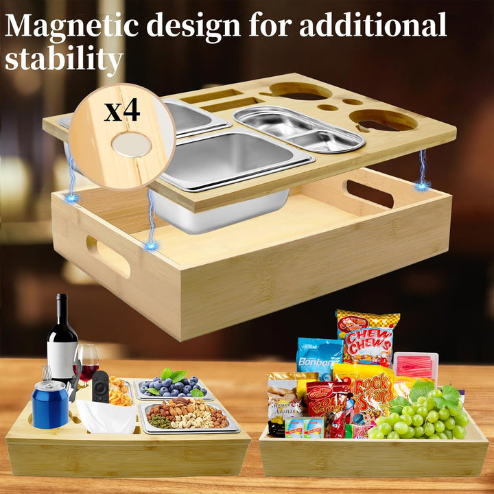 Couchbar Snackbox mit Geschenkbox, Holz Couch Bar, Couch Tablett Mit Snackschalen Aus Edelstahl, Get