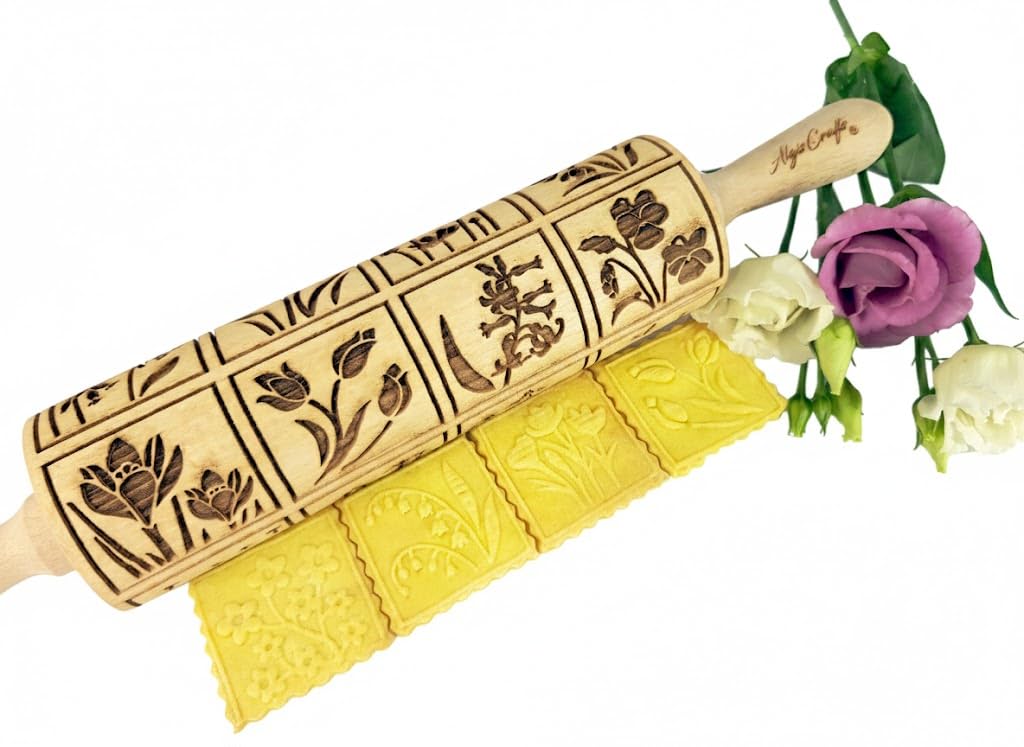 FRÜHLINGSBLUMEN Nudelholz mit Muster - Teigroller Holz Frühling Blumen für DIY hausgemacht Plätzchen