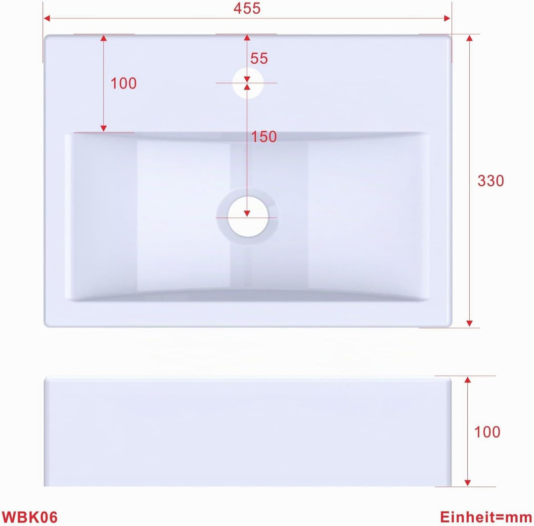 Waschbecken aus Keramik Eckig 45 x 33 cm Aufsatzwaschbecken für Waschtisch Unterschrank Waschplatz H