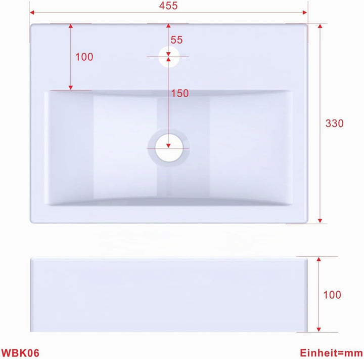 Waschbecken aus Keramik Eckig 45 x 33 cm Aufsatzwaschbecken für Waschtisch Unterschrank Waschplatz H