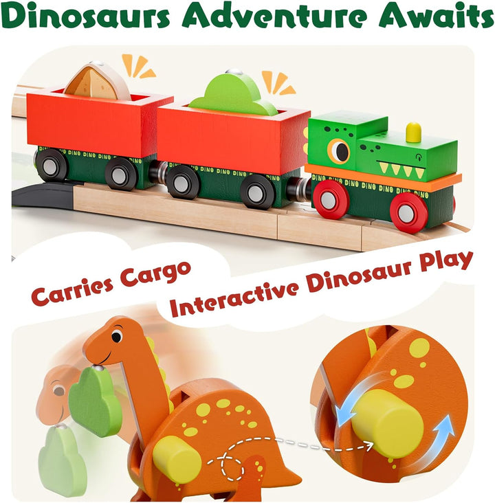 Lehoo Castle Holzeisenbahn, Holz Eisenbahn Kinder, Dinosaurier Spielzeug Holzeisenbahn Schienen, Din