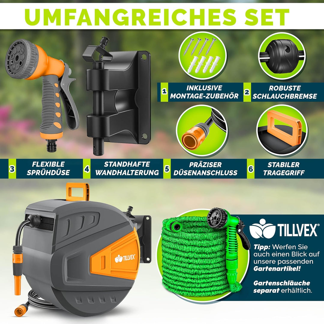 tillvex Schlauchtrommel Wasser mit Wandhalterung + Tragegriff | Schlauchaufroller mit Handbrause und