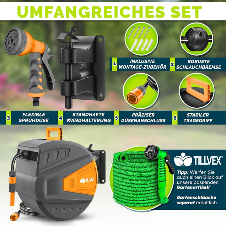 tillvex Schlauchtrommel Wasser mit Wandhalterung + Tragegriff | Schlauchaufroller mit Handbrause und