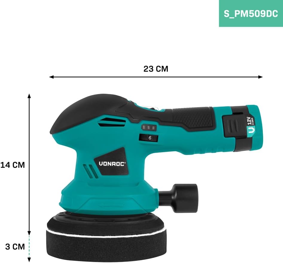 VONROC Poliermaschine 12 V – Ø 125 mm – Double Action – 2-in-1: Polieren und Schleifen – inkl. Akku,