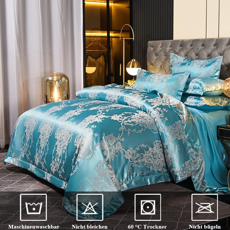Tospass Satin Bettwäsche 200x220 Himmelblau Microfaser 3Teilig Jacquard Stickerei Prozess Blumen Bet