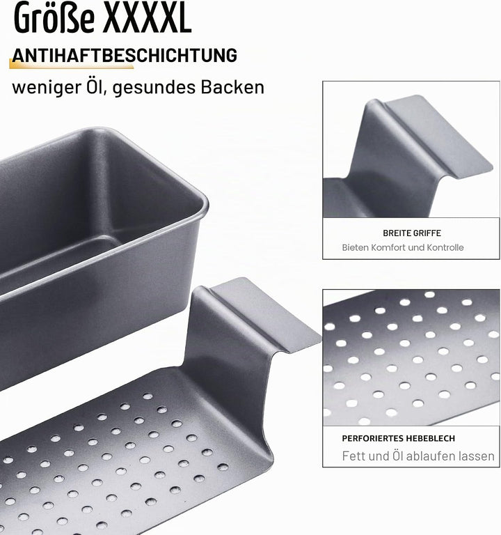 HONGBAKE 2-in-1 Fleischpastetenform mit Ablaufrost, 25 x 13 cm Kastenform aus Karbonstahl, Antihaft