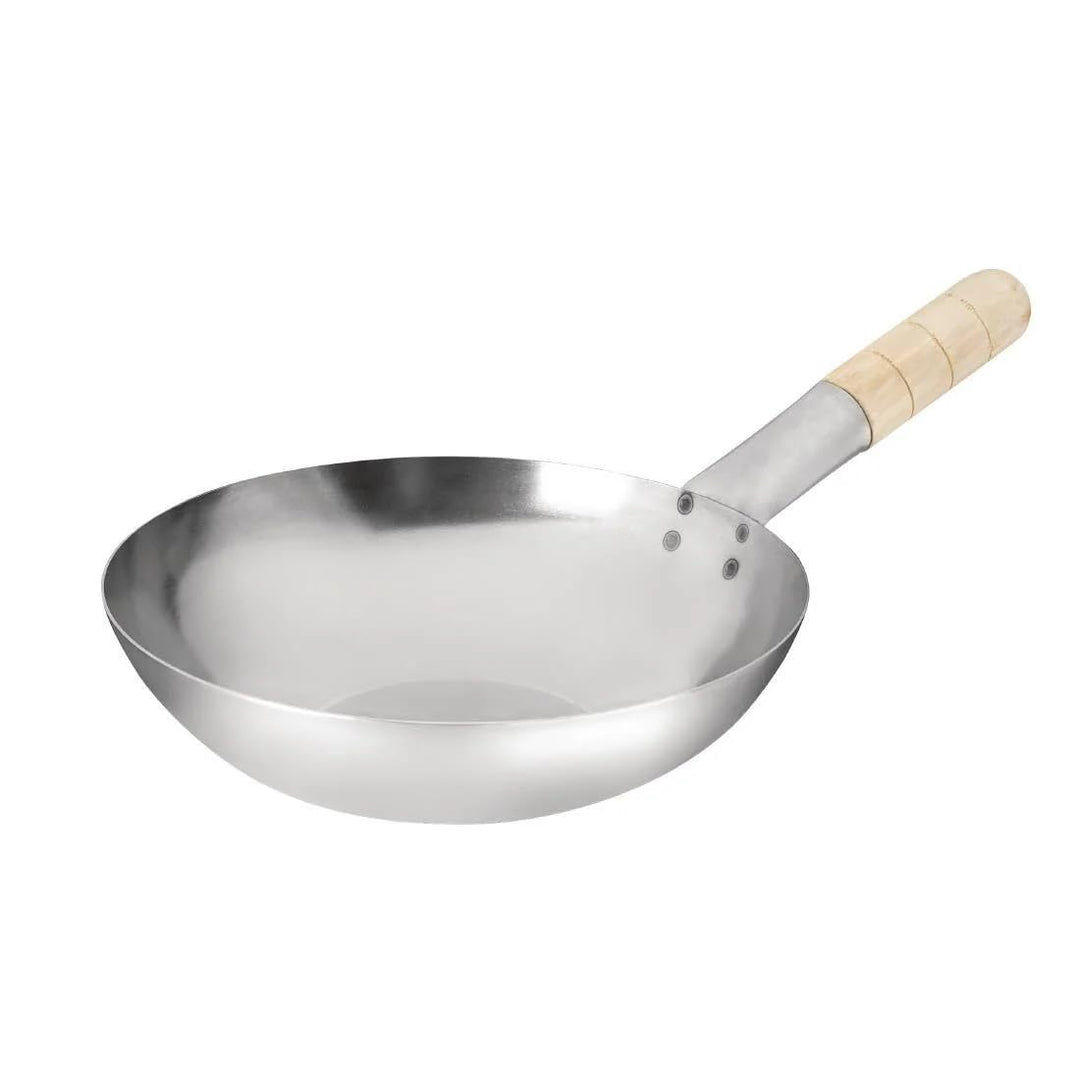 Vogue Wok-Bratpfanne mit flachem Boden aus Stahl, 240 mm, hitzebeständiger Holzgriff, rustikales Des