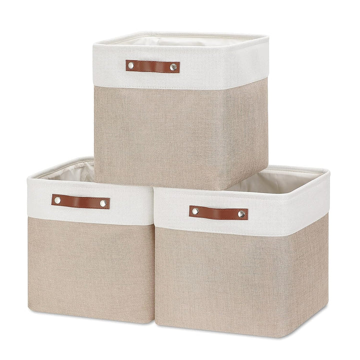 Mangata Aufbewahrungsboxen aus Stoff, 33 x 38 x 33 – 3 Stück, Light Khaki und Weiss 33x38x33cm 3pcs,