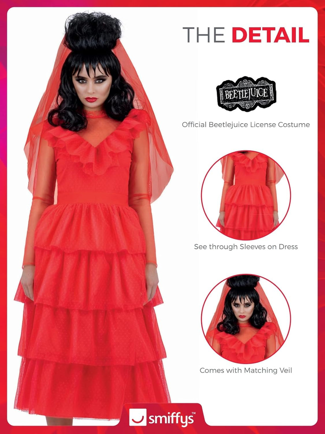 Smiffys 81007 Beetlejuice Lydia Braut Kostüm Damen Rot Medium (UK 12-14), Medium (UK 12-14)