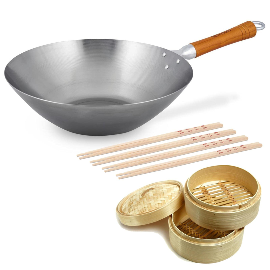 Ken Hom Wok Set 31 cm aus unbeschichtetem Karbonstahl mit Holzgriff - für alle Herdarten inklusive I
