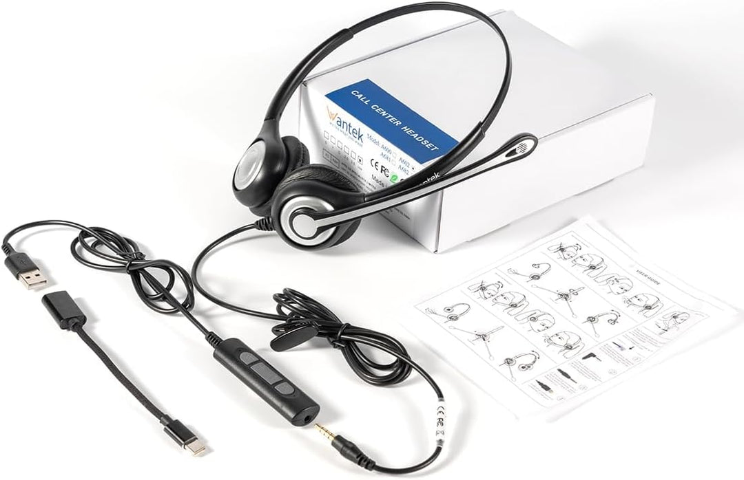 Wantek Stereo-Headset,schnurgebunden,USB-A,Mikrofon mit Noise Cancelling-ganztägiger Komfort-USB-A:P