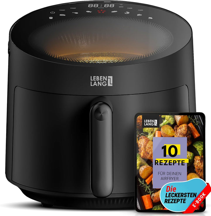 LEBENLANG Heissluftfritteuse 5L & 1500W - Inkl. Rezeptbuch & 8 Programme I Ölfreie & Fettfreie Frite