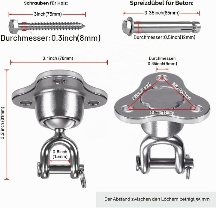SELEWARE Schaukelhaken Schwerlast Hängesessel Outdoor - Drehhaken Boxsack Halterung Deckenhaken Holz