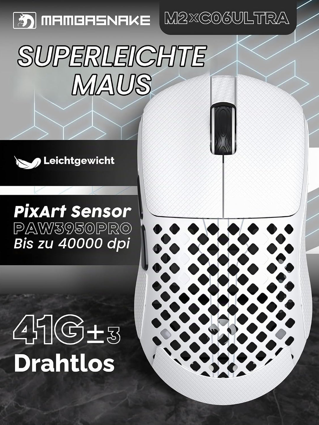 MAMBASNAKE M2 Ultra-Lightweight Wireless Gaming Mouse, PAW3395PRO Sensor 40000 DPI, 41g Carbon Fiber