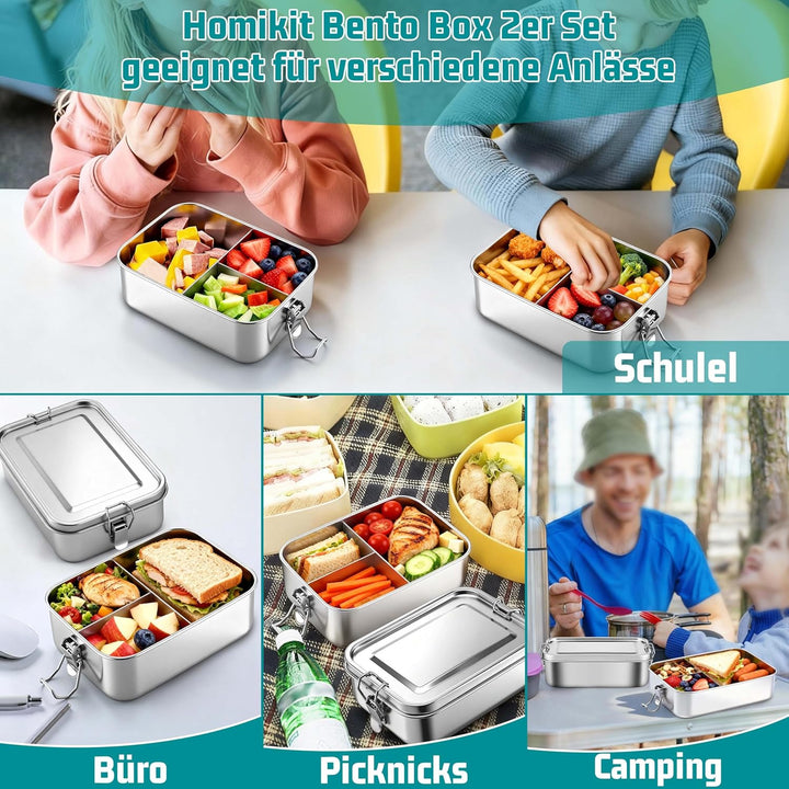 Homikit Brotdose mit Fächern 2er Set, 1400ml Edelstahl Lunchbox Bento Box Erwachsene, Auslaufsicher