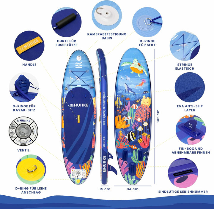 HUIIKE Stand Up Paddling Board mit Zubehör, Paddel, Finnen, Leash, Pumpe, Rucksack. SUP-Board Aufbla