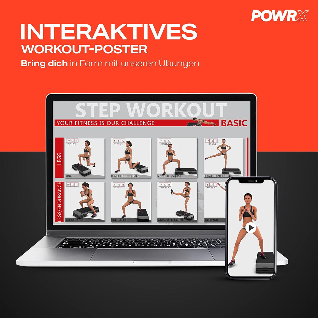 POWRX Profi Aerobic Steppbrett inkl. Workout I Fitness Stepper Stepbench Step höhenverstellbar I Mas