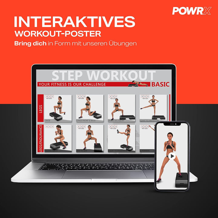 POWRX Profi Aerobic Steppbrett inkl. Workout I Fitness Stepper Stepbench Step höhenverstellbar I Mas