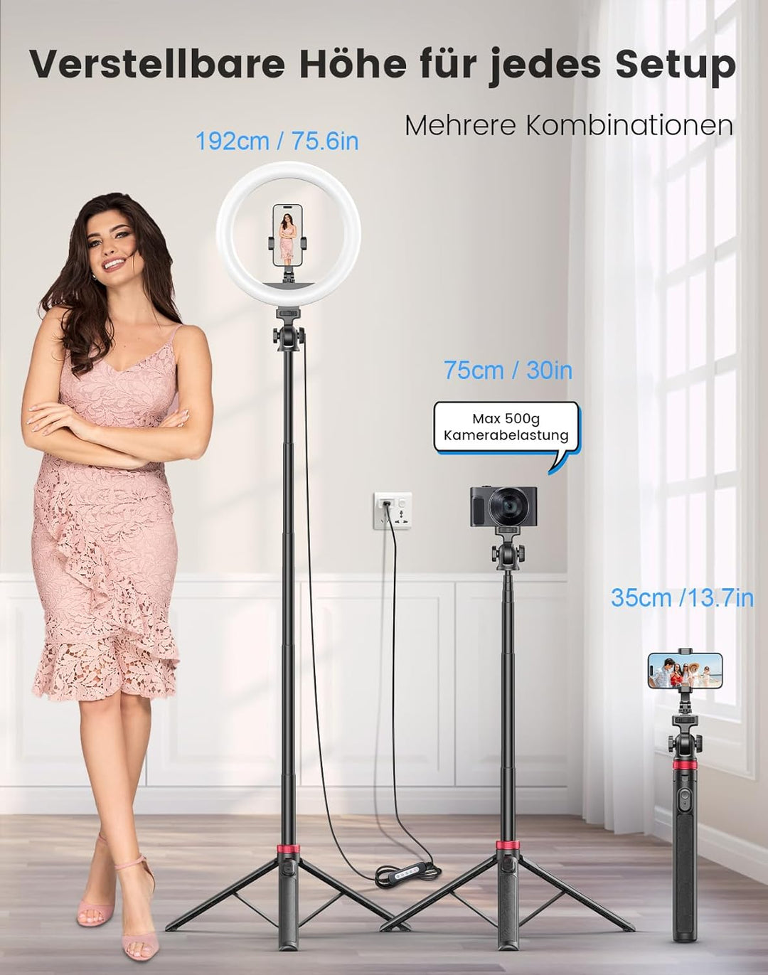 10,2" Dimmbares Ringlicht mit 192cm Hohem Aluminium-Stativ, Flimmerfreies LED-Make-up-Licht/Cold-Sho